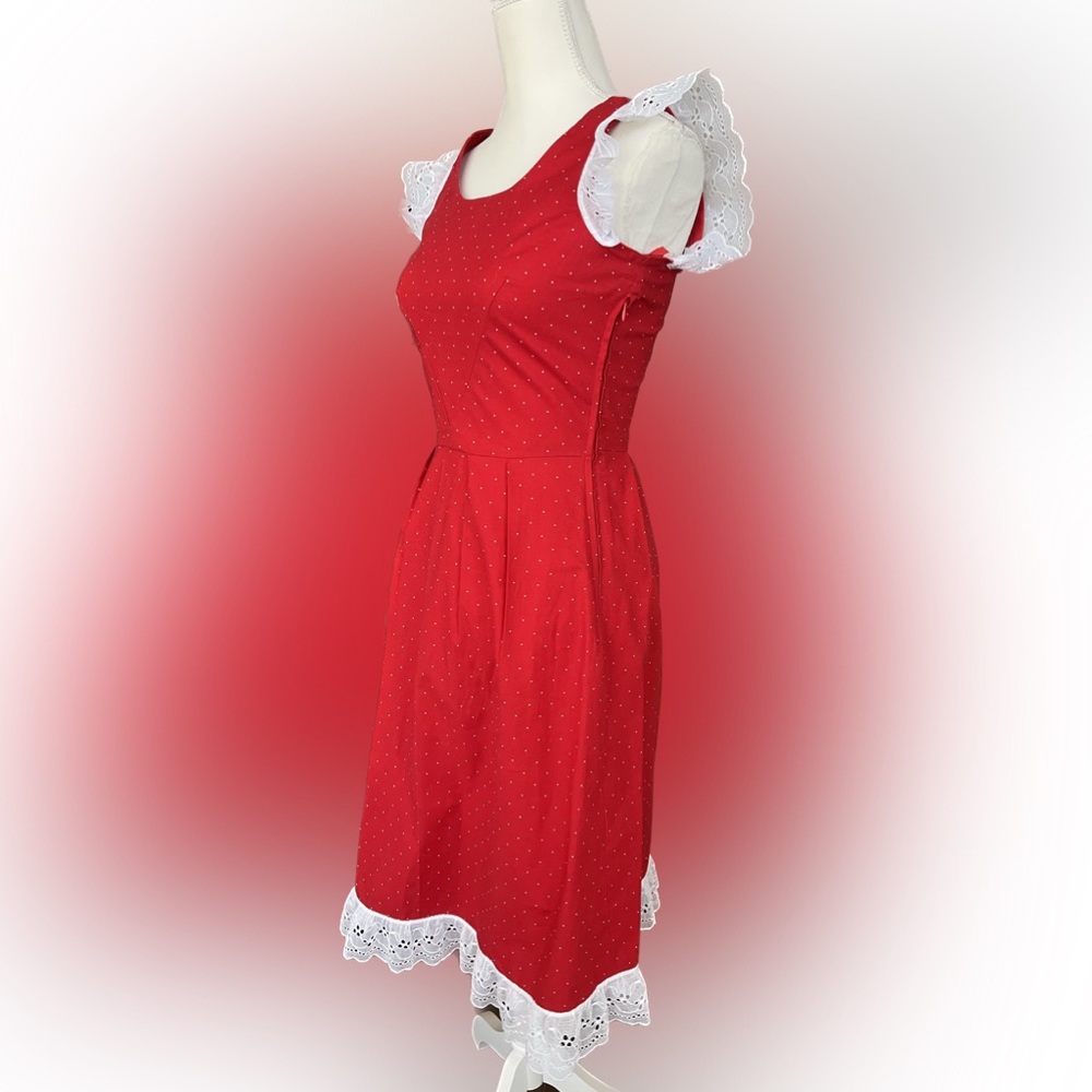 Vintage pin up lace sleeve polka dot fitted dress great condition - Picture 4 of 10